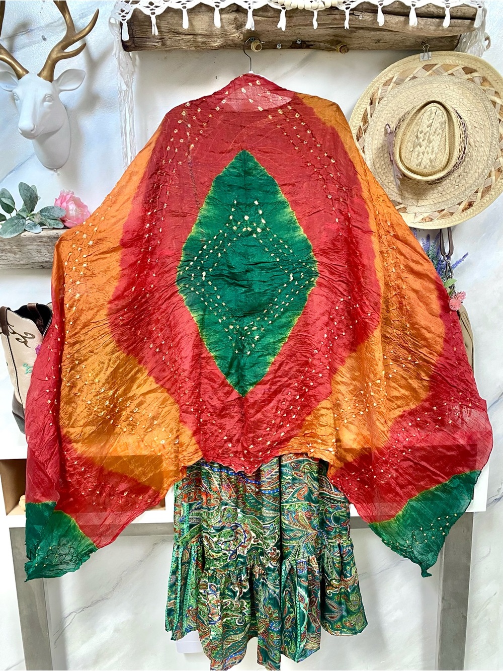 Vibrant Arisan Silk Tie-Dye crinkly Shawl /large scarf w Gypsy hippy vibe